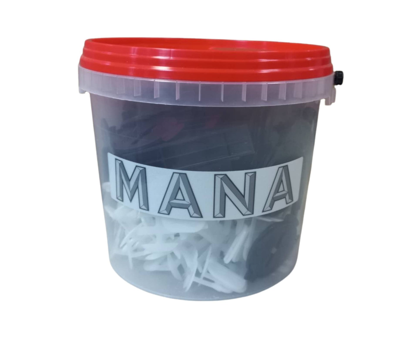 MANA нивелираща система за плочки 100 основи 1мм + 50 клинчета + 50 противоплъзгащи подложки - в кофа